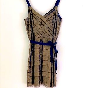 Gold Metallic Silk Tier Ruffle Mini Dress with Ribbon Belt Size 4/Small